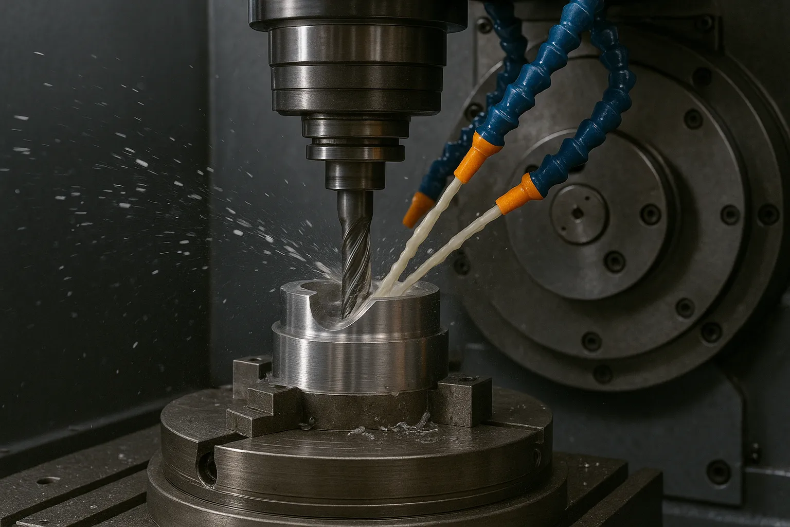 5-axlig CNC-bearbetningscenter med kylvätska, industriell närbild