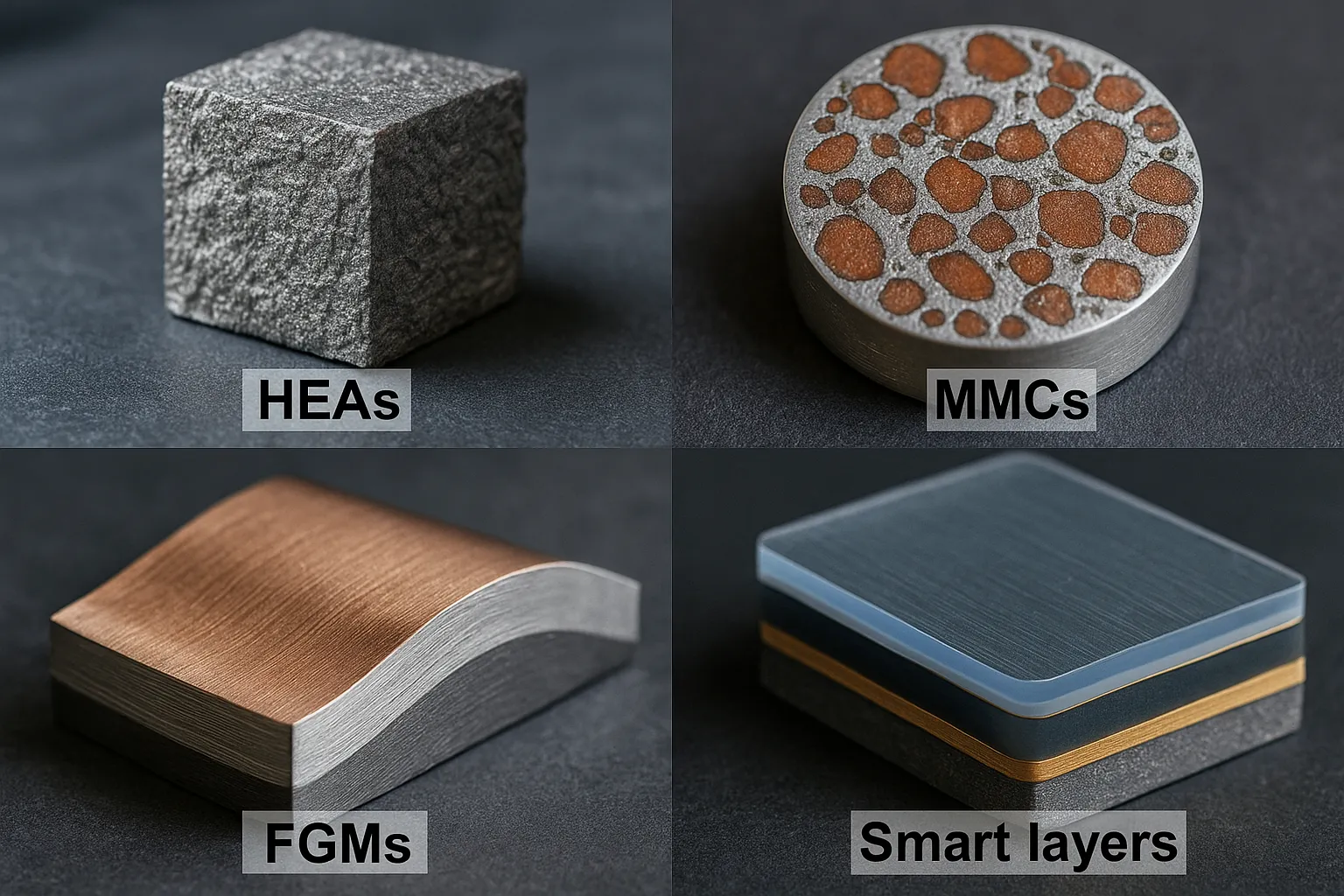 Collage of advanced materials: HEAs, MMCs, FGMs, smart layers